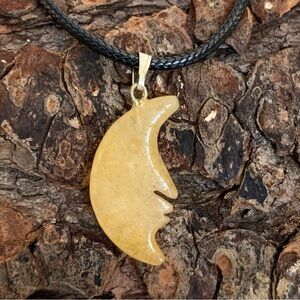 Orange Aventurine Crescent Moon Face Pendant Necklace Celestial Double Sided 20"